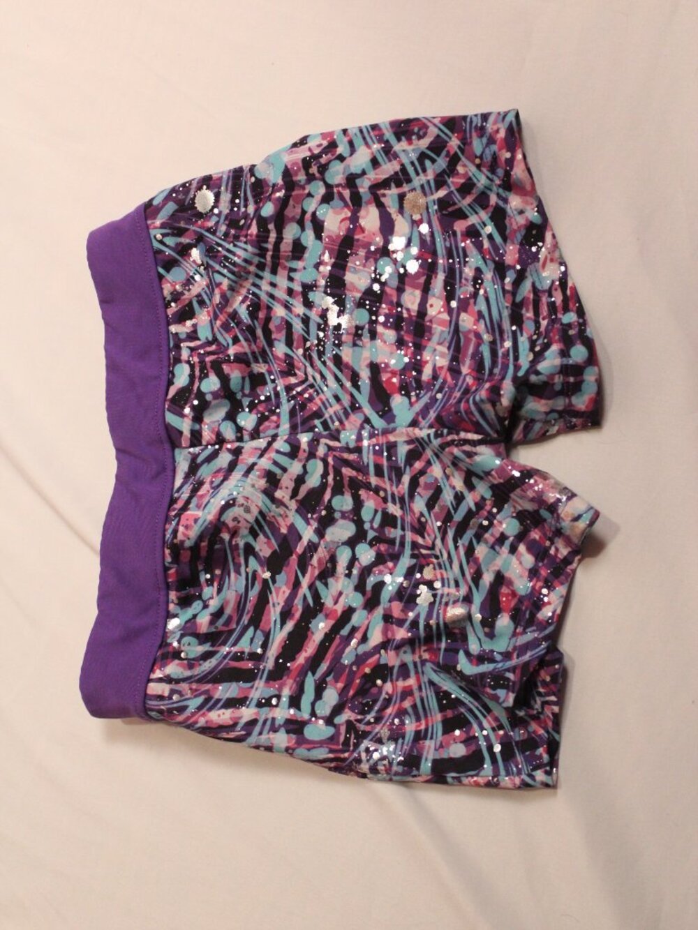 Danskin Purple Multi-Pattern Bike Shorts with Teal & Pink Accents